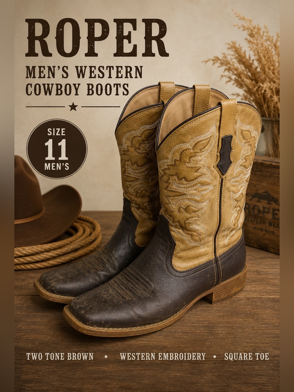 Roper Men’s Size 11 Western Cowboy Boots Brown Tan Embroidered Square Toe